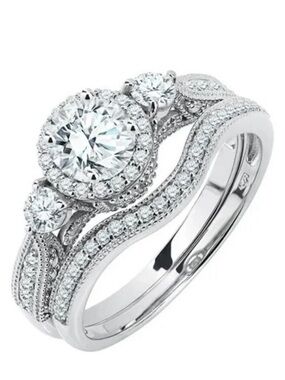 JeenMata 2 Carat Moissanite Wedding Ring Set - Round Cut Vintage Design Halo